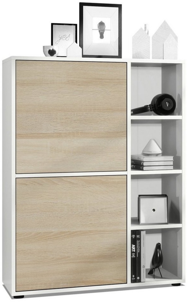 Highboard Schrank Anrichte Cuba mit 8 Fächern, Korpus in Weiß matt / Fronten in Eiche sägerau Bild 1