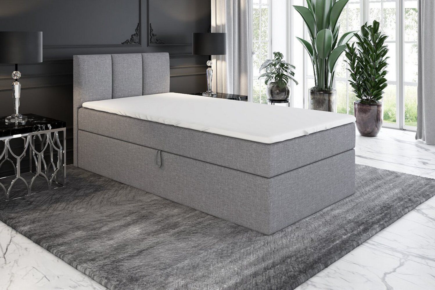 A&J MöbelLand GmbH Boxspringbett Einzelbett NASI mit Bettkasten, Topper und gepolstertem Kopfteil. (Boxspringbett mit Bettkasten und gepolstertem Kopfteil. Gratis Topper – nur jetzt erhältlich!, Kostenlose Lieferung! TOP ANGEBOT), Länge 208 cm Höhe 106 cm Bild 1