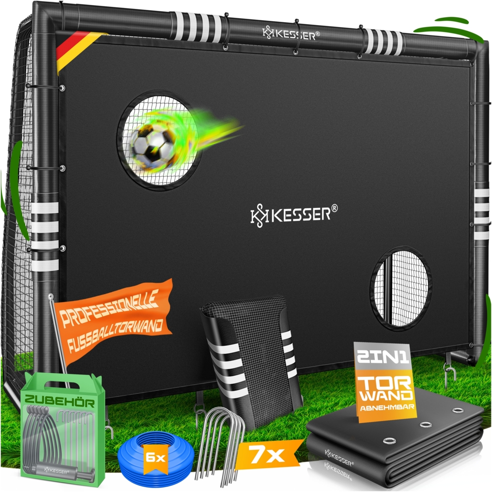 KESSER® Fußballtor für Garten robustes Outdoor Training Schusstraining UV-beständigem Netz, Stahlrahmen mit Polsterung, Erdhaken, Luftpumpe, Hüttchen, Montagezubehör für Kinder und Erwachsene Schwarz, 240cm, mit Torwand Bild 1