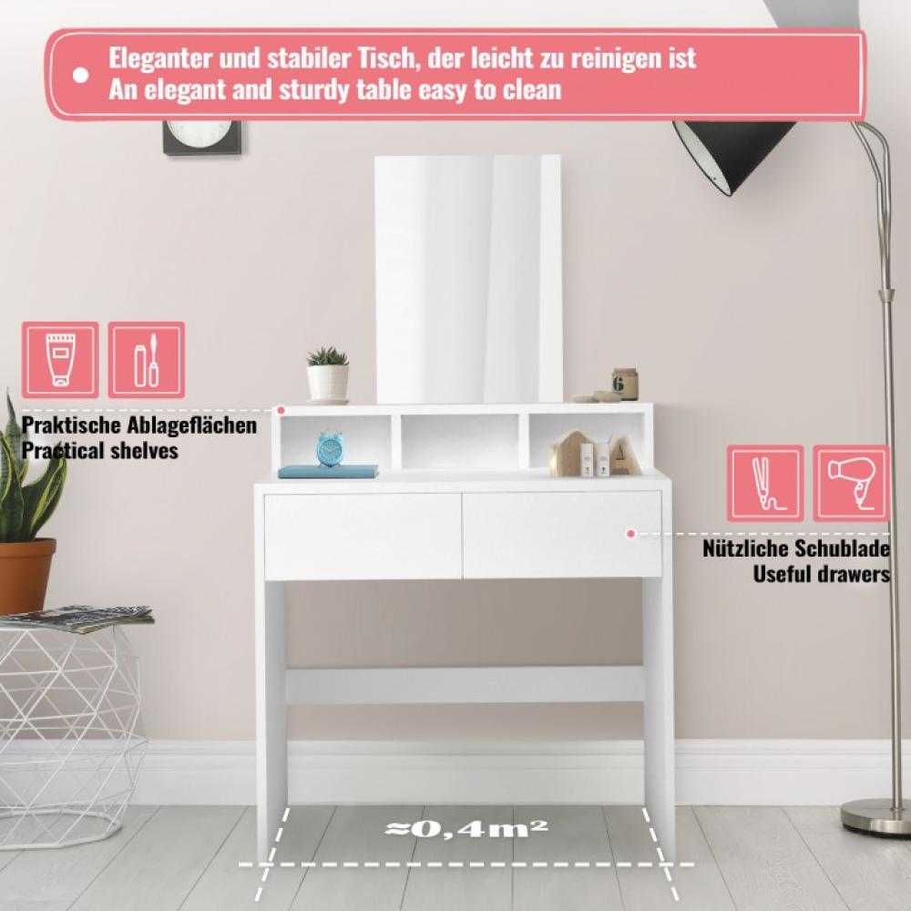 MIADOMODO® Schminktisch - mit Spiegel, 2 Schubladen, 3 offene Fächer, Ablagefläche, Edel, Stabil, Platzsparend, Weiß - Vanity Table, Kosmetiktisch, Make Up Tisch, Frisiertisch, Frisierkommode Bild 1