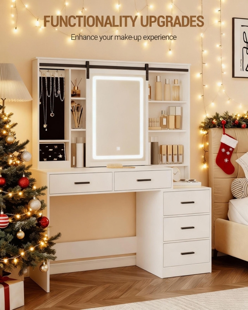 Schminktisch mit Verstellbarer LED-Beleuchtung, Abnehmbarer Großer Spiegel, mit Schmuckaufbewahrung, Offene Regale, 5 Schubladen, mit Beistelltisch, für Schlafzimmer, Weiß Bild 1
