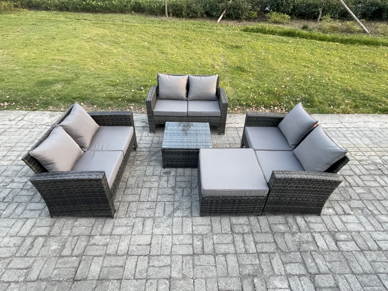 Fimous 7-Sitzer Rattan Gartenmöbel Sitzgruppe mit Quadratisch Couchtisch Doppelsitz-Sofa Großer Fußhocker Bild 1