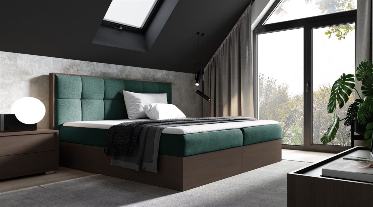 Boxspringbett Bett THANOS 180x200cm Dunkel Eiche Stoff Grün inkl. Bettkasten Bild 1