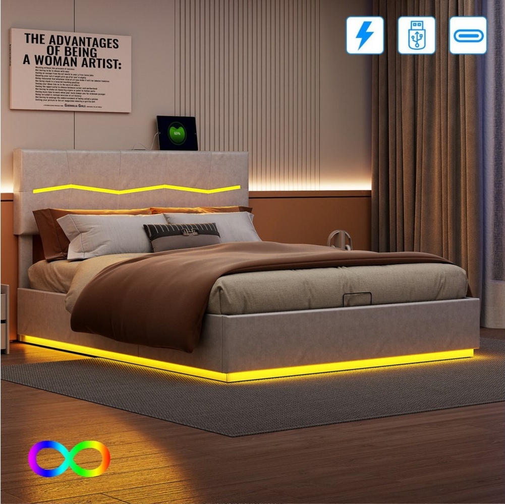 PXloue Polsterbett LED Doppelbett Jugendbett (USB- und Typ-C-Ladeschnittstelle), mit LED Beleuchtung und Lattenrost, Bettkasten, 140x200 cm Bild 1