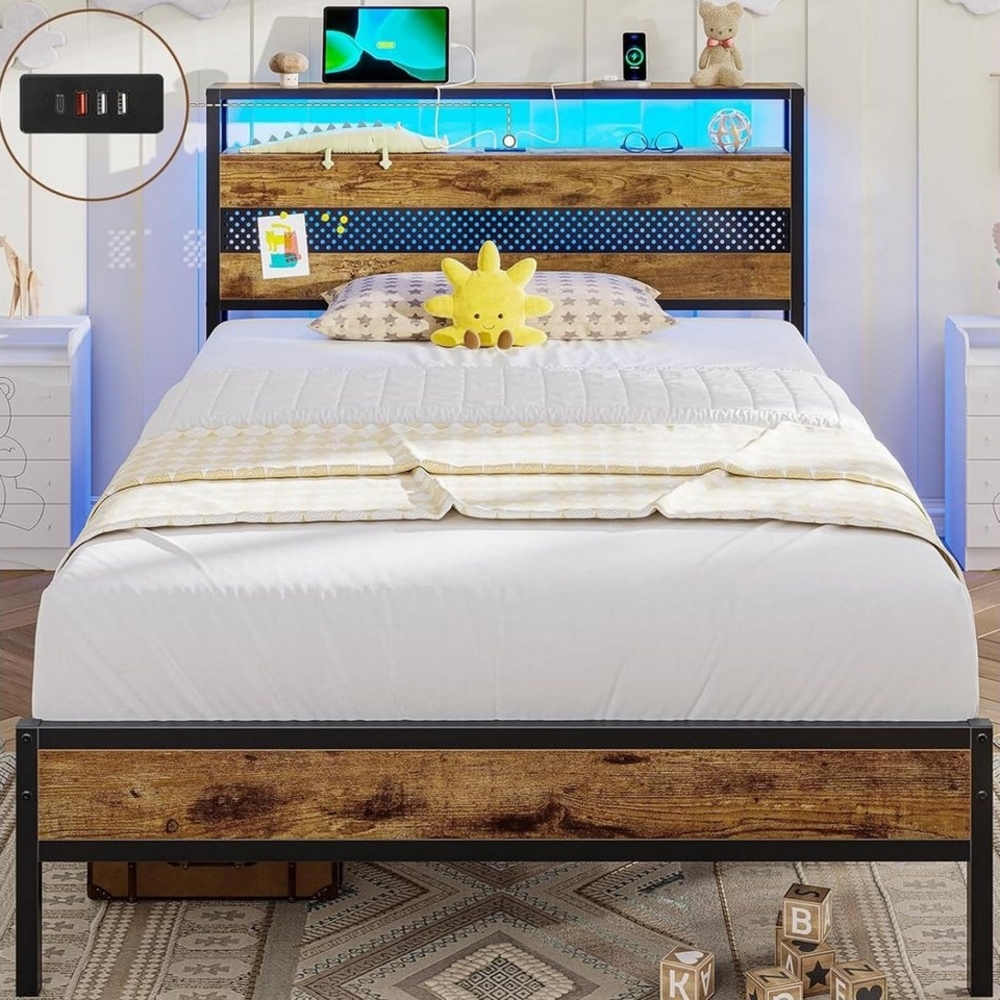 MSMASK Metallbett Bettgestell mit Steckdose und USB-Ladefunktion (Ohne Matratze), Kinderbett, Jugendbett, Einzelbett, 90x200 cm Bild 1