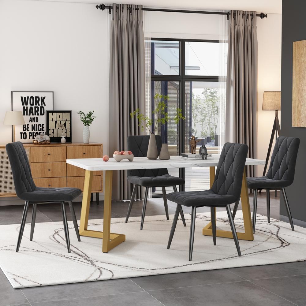 Essgruppe 5-teilig mit Marmoroptik Tisch 117×68 cm & 4 schwarz Leinenstühlen,Esszimmer-Set für Küche und Wohnzimmer Bild 1