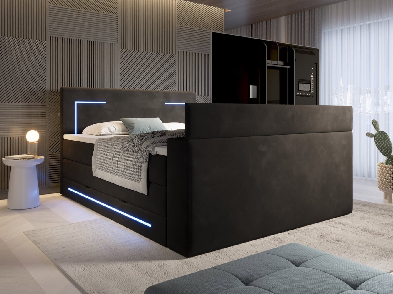 wonello Boxspringbett Monaco mit TV-Lift, mit Bettkasten, Matratzen und Topper, mit LED-Beleuchtung, Samt Bild 1