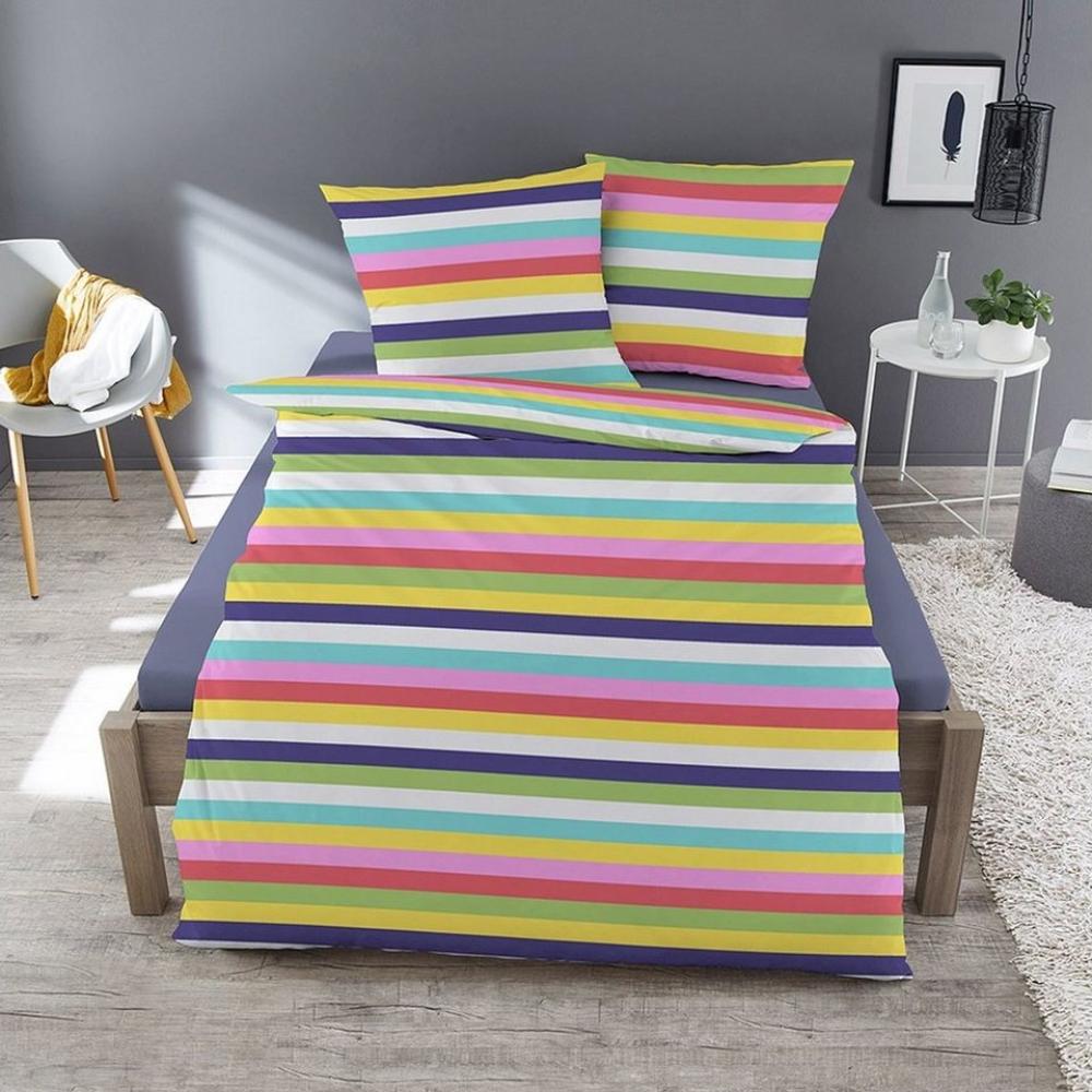 TRAUMSCHLAF Bettwäsche Rainbow, Biber, 3 teilig, buntes Streifendesign für den Winter Bild 1