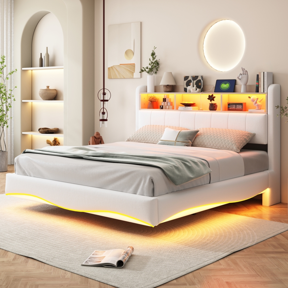 Merax Polsterbett 160*200 aus Leinenstoff, Abgehängtes Design, multifunktionales Stauraumbett mit LED-Licht, USB- und TYPE-C-Schnittstelle Beige Bild 1