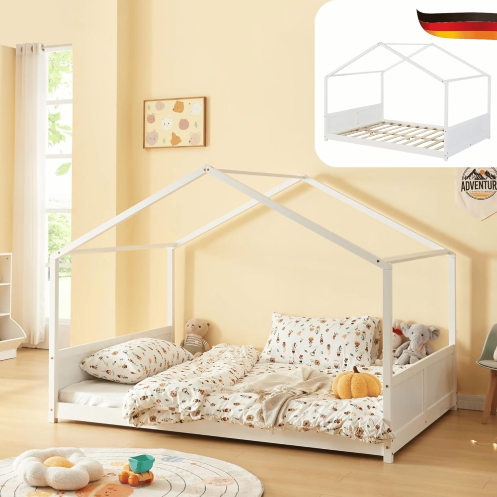 DELUKE® Kinderbett 120x200 DAKO - Inkl. Matratze Lattenrost Haus-Optik Kiefernholz Einzelbett aus Holz Hausbett Kinderzimmer Bodenbett Montessori Bett Weiß Bild 1