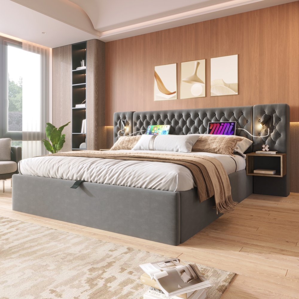 Polsterbett 180x200 cm Grau mit Kopfteil, Nachttischen, LED-Leselampe & Stauraum, hydraulisch verstellbar, USB Type-C Ladefunktion Bild 1