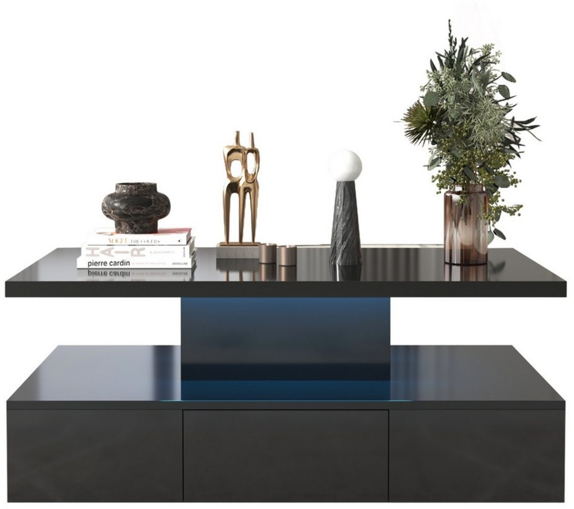 Refined Living Couchtisch Quadratischer Couchtisch Hochglanz-Couchtisch Wohnzimmertisch (100 x 50 x 39 cm, Tisch mit Schubladen, moderner technologischer Stil, Büro-Mitteltisch), Beistelltisch mit zwei Ablageebenen, Mit LED-Licht Bild 1