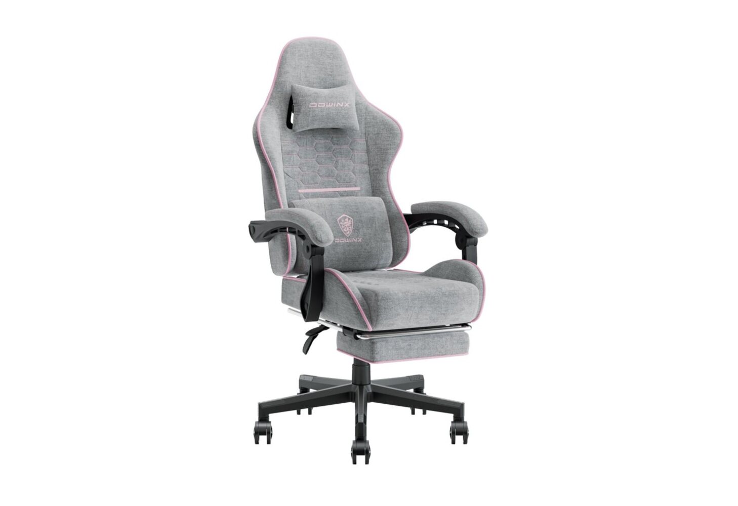 Dowinx Gaming-Stuhl Mit Stoff bezogenes Federkissen mit massierender Kopfstütze, ergonomisch, mit Fußstütze, Grau Bild 1