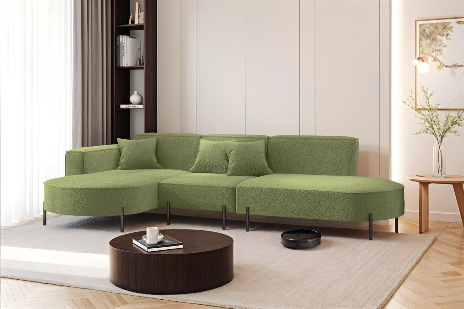 Ecksofa Designersofa VALENCIA in Stoff Quelle Hellgrün Ottomane Links Bild 1
