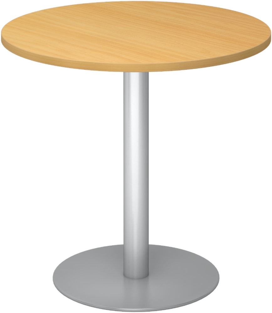 bümö Besprechungstisch, Esstisch klein, Tisch rund 80 cm - kleiner Esstisch Buche, Rundtisch Esstisch 2 Personen mit Holz-Platte, Säule aus Metall in silber, Konferenztisch, Bistrotisch, STF08-6-S Bild 1