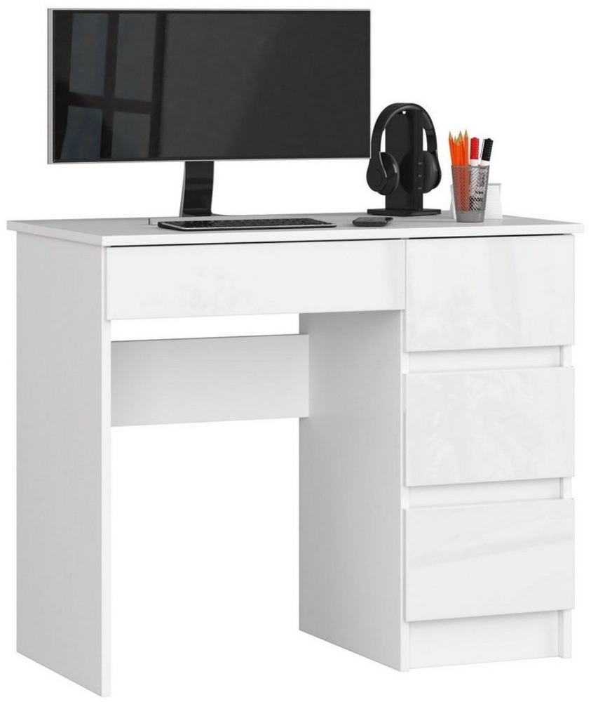 Home Collective Computertisch Schreibtisch Bürotisch Gaming Tisch mit ausziehbarer Tastaturablage, mit 4 Schubladen rechts, 90 x 50 x 77 cm, weiß hochglanz Bild 1