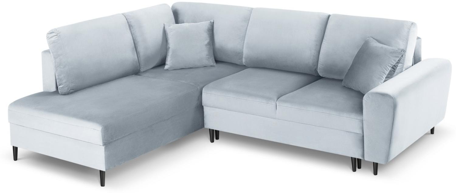 Micadoni 5-Sitzer Samtstoff Ecke links Sofa mit Bettfunktion und Box Moghan | Bezug Light Blue | Beinfarbe Black Chrome. Bild 1