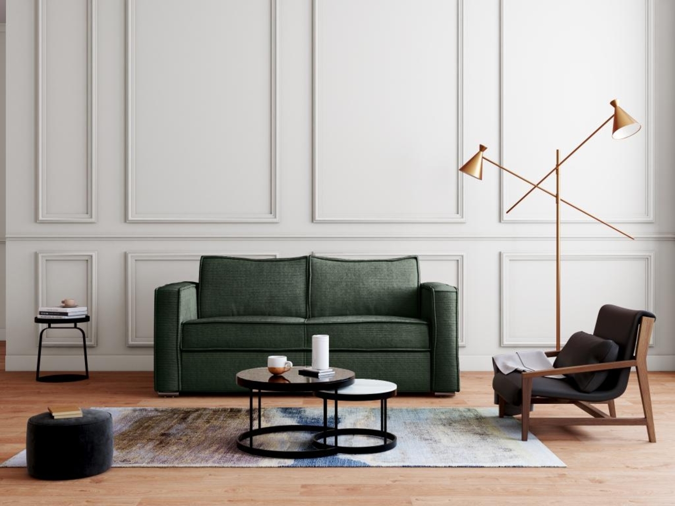 Vente-unique - Schlafsofa mit Matratze 4-Sitzer - Cord - Tannengrün - Liegefläche mit Lattenrost mit breiten Latten 160 cm - Matratze 14 cm - LORETO Bild 1