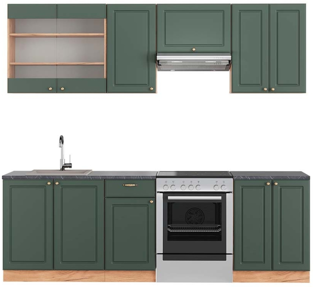 Küchenzeile Fame-Line Grün-Gold Landhaus/Goldkraft Eiche 240 cm , AP Anthrazit Vicco Bild 1