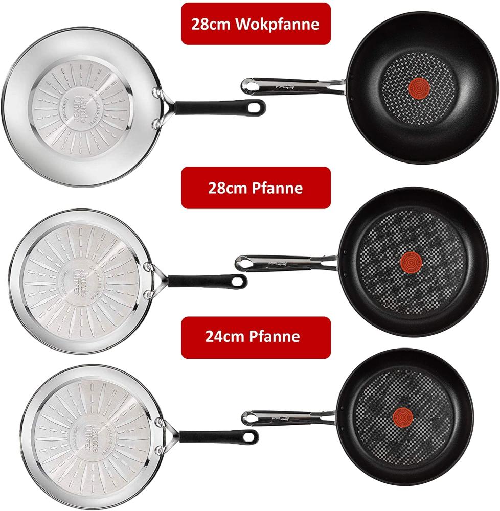 Tefal J90932 Jamie Oliver Pfannenset- Pfanne 28cm & 24cm, Wokpfanne 28cm mit Deckel 6 tlg - Induktion Antihaft Bild 1