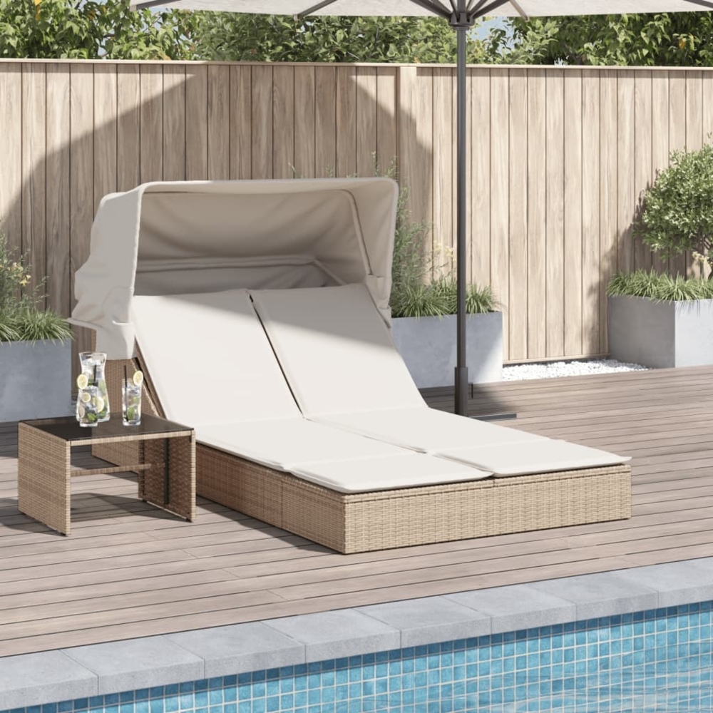 vidaXL Doppel-Sonnenliege mit Dach und Auflagen Beige Poly Rattan 368641 Bild 1