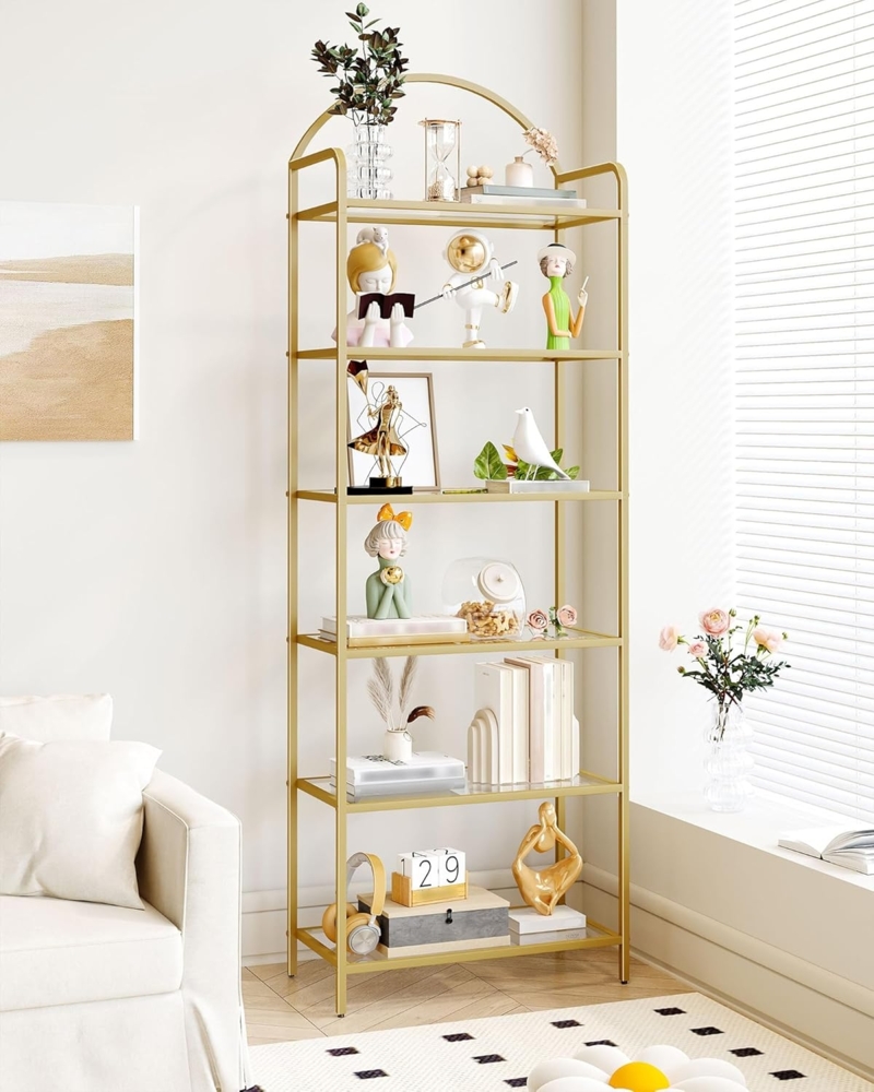 Regal, Bücherregal aus gehärtetem Glas, schlankes Regal für Schlafzimmer, Badezimmer, Heimbüro, Stahlrahmen, 6 Ablagen Gold Bild 1