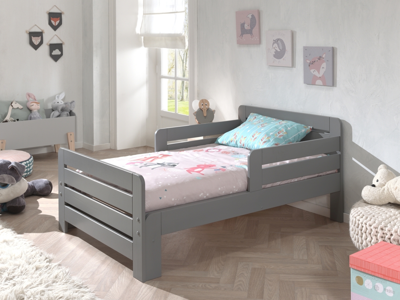 Kinderbett Jumper zum ausziehen von 160-200 cm, inkl. Matratze 160+40 cm, Kiefer massiv grau lackiert Bild 1