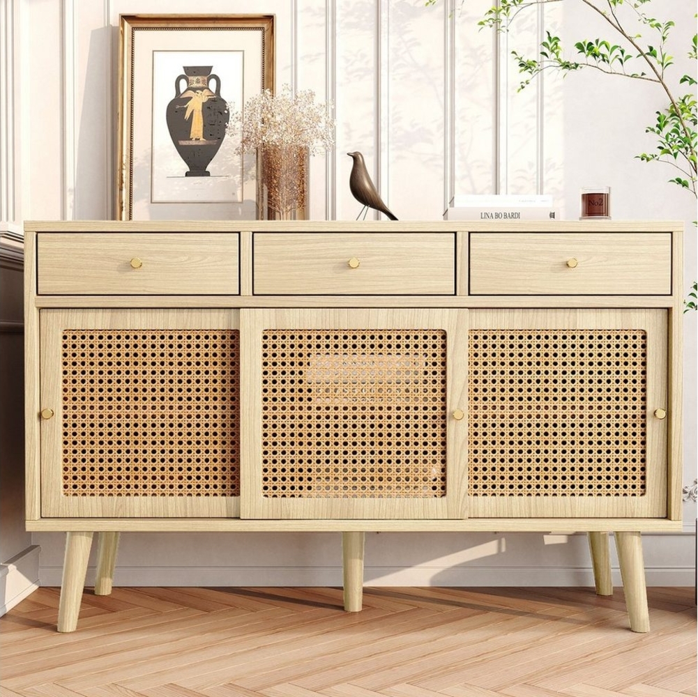 Flieks Sideboard (1 St), Kommode mit 3 Schubladen und 3 Schiebetüren Rattangeflecht 120x40x78cm Bild 1