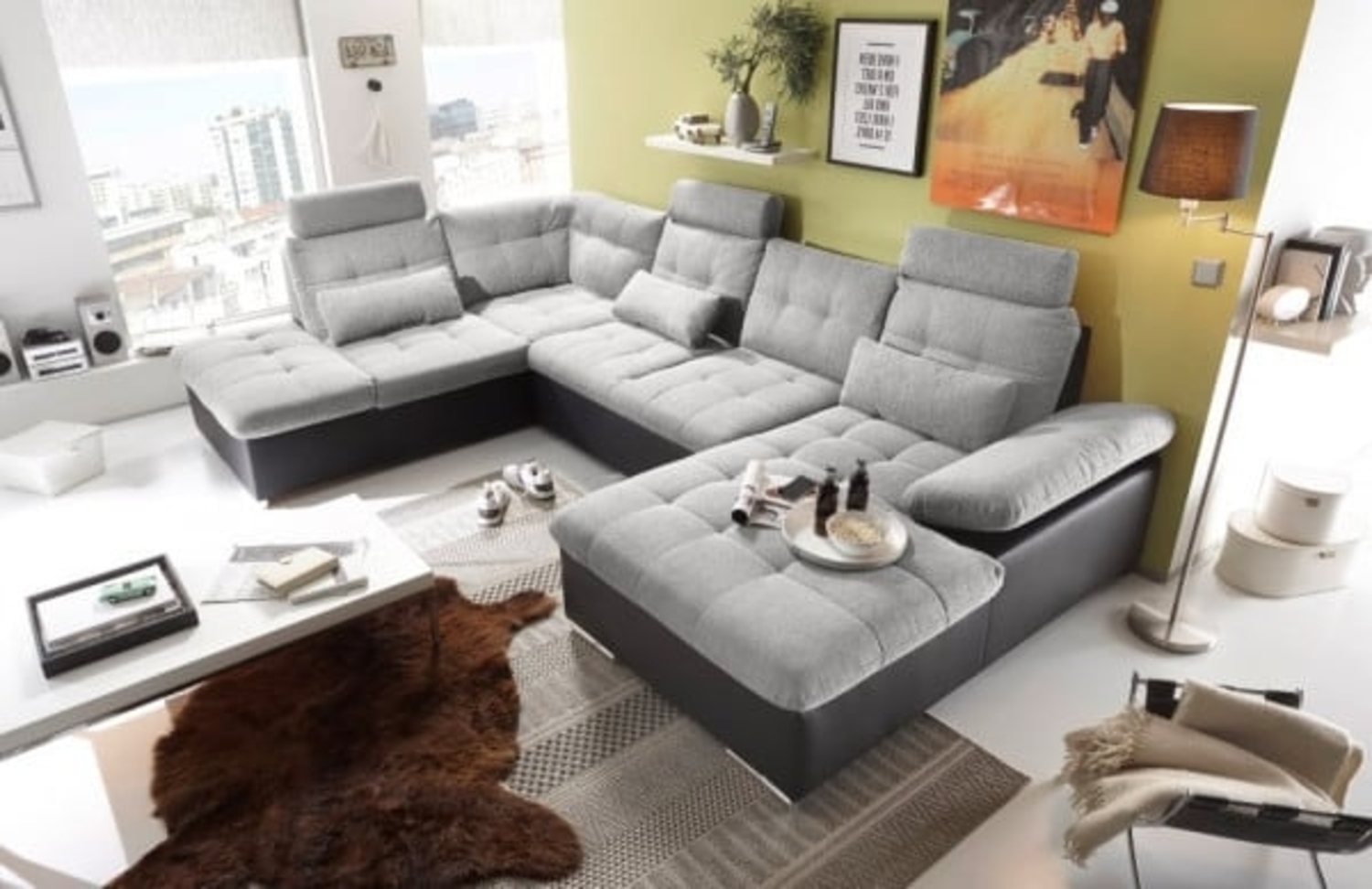 Couch Wohnlandschaft Schlaffunktion Schlafsofa schwarz hellgrau Ottomane links Bild 1