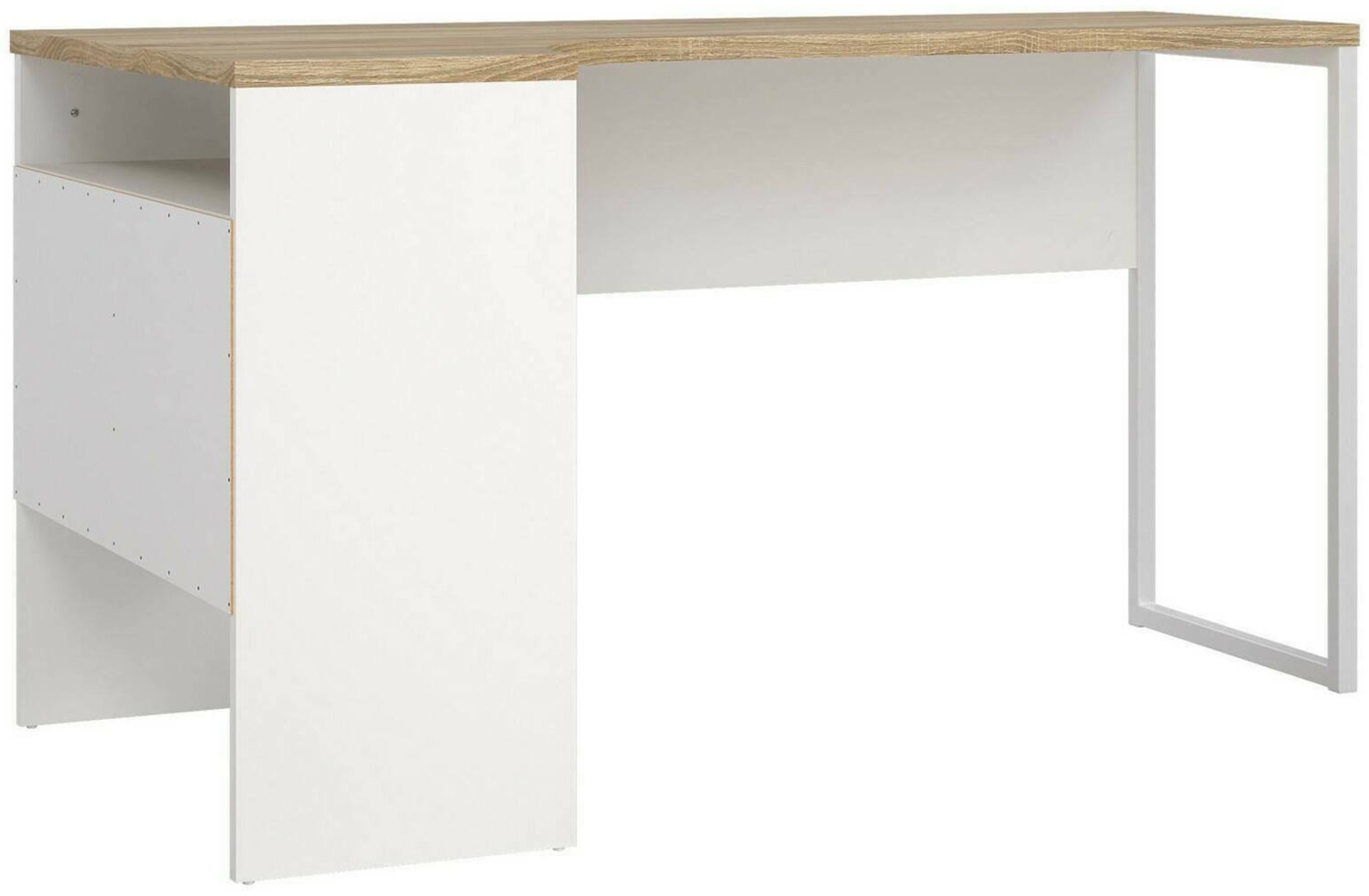 Dmora Schreibtisch Moire, Mehrzweckschreibtisch, Bürotisch für PC, Eckschreibtisch, 145x81 h77 cm, Weiß und Eiche Bild 1