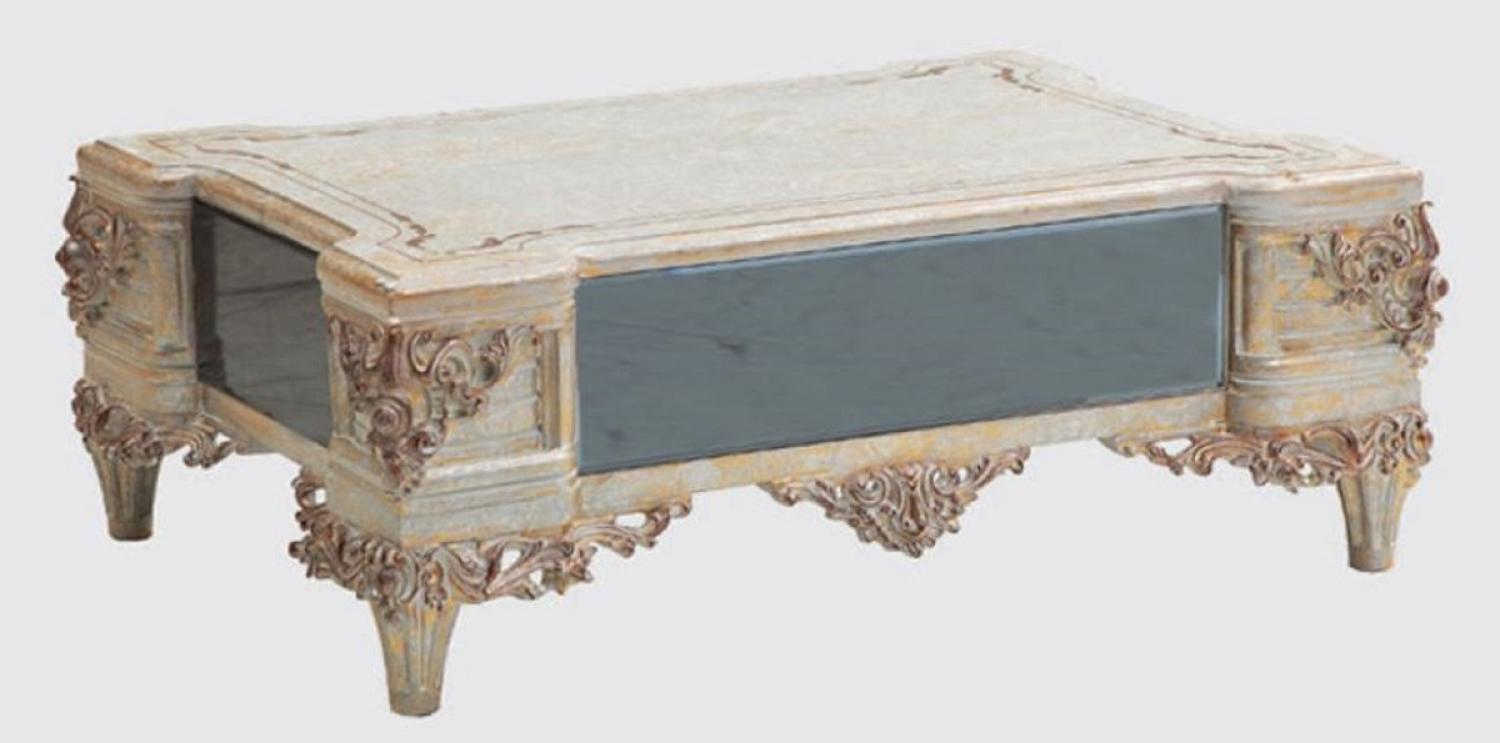 Casa Padrino Luxus Barock Wohnzimmertisch Creme / Kupfer / Blau / Gold 120 x 85 x H. 45 cm - Edler Massivholz Couchtisch im Barockstil - Barock Wohnzimmer Möbel Bild 1