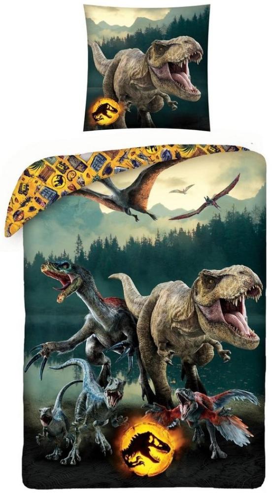 MTOnlinehandel Bettwäsche Jurassic World Dinosaurier 135x200 + 80x80 cm, 100 % Baumwolle, Renforcé, 2 teilig, Dino JW: Ein neues Zeitalter Kinder- und Teenagerbettwäsche Bild 1