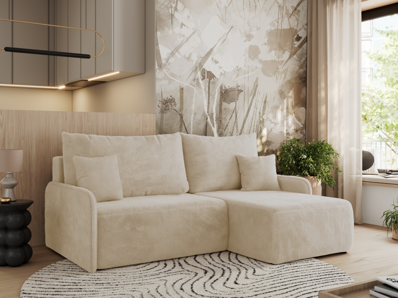 Ecksofa für das Wohnzimmer, mit losen Kissen, Schlaffunktion und Bettkästen, L-förmiges Ecksofa mit Armlehnen, Wellenfeder - ARPA - Creme Plüschstoff - rechte Seite Bild 1