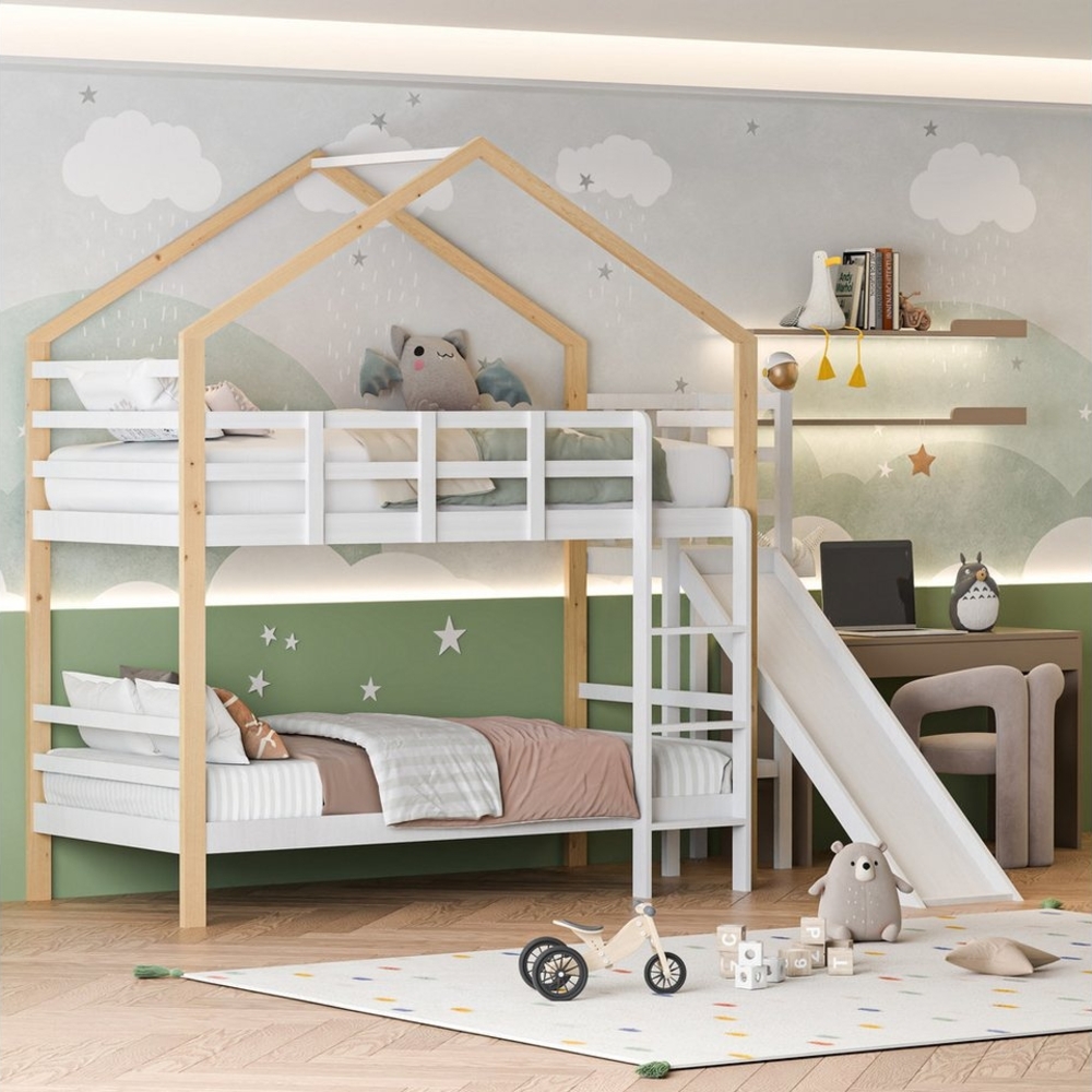 Romance Massivholzbett Kinderbett Hausbett Etagenbett, 2 Schlafplätze (Sehr gut geeignet für Kinder und Jugendliche), Jugendbett, mit Fallschutz, Leiter, Kiefer, 90x200cm Bild 1