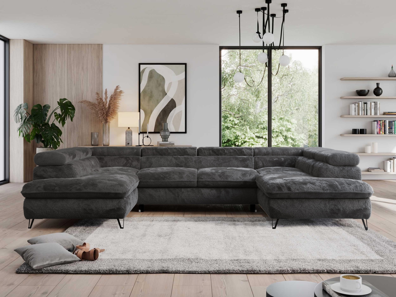 Ecksofa mit Schlaffunktion und verstellbaren Kopfstützen, große U-förmige Ecke - PEDRO U - Dunkelgrau Plüsch Bild 1