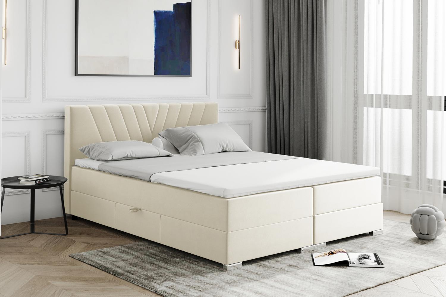 MEBLINI Boxspringbett BERNI 160x200 cm mit Bettkasten – H3B/Creme Samt Polsterbett - Doppelbett mit Topper & Bonellfederkern-Matratze Bild 1