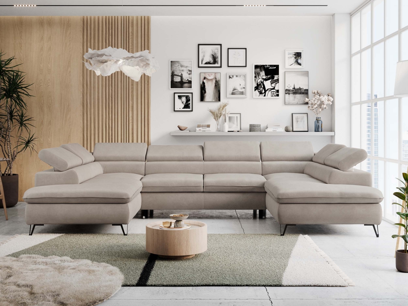 Mks Möbel 'Peter U-Form' Ecksofa mit Bettkasten, Bettfunktion & einstellbaren Kopfstützen, Beige, Mikrofaser, mit Topper Bild 1