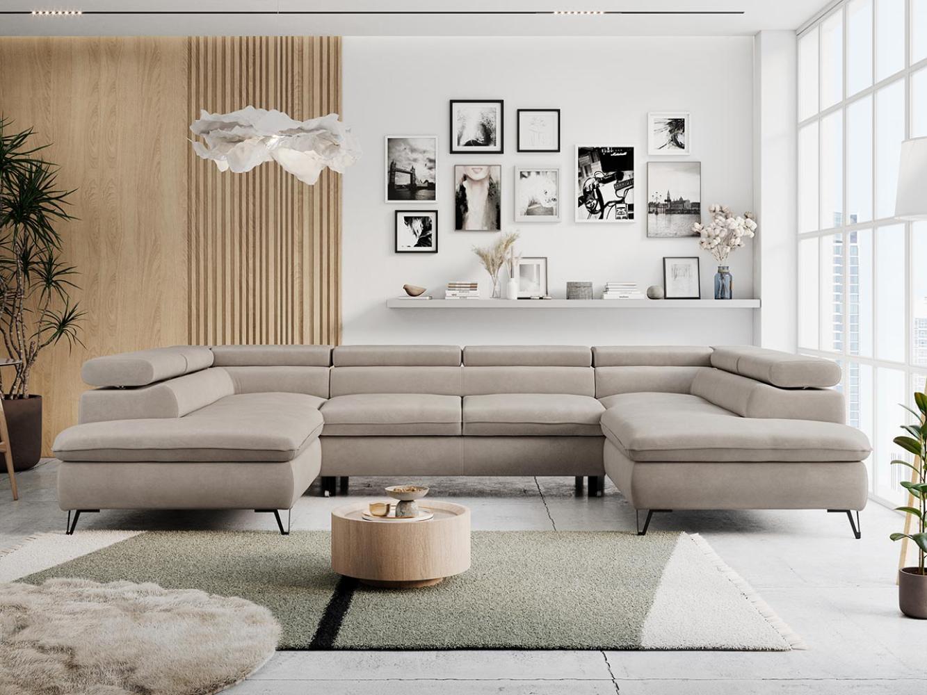 Mks Möbel 'Peter U-Form' Ecksofa mit Bettkasten, Bettfunktion & einstellbaren Kopfstützen, Beige, Mikrofaser, mit Topper Bild 1