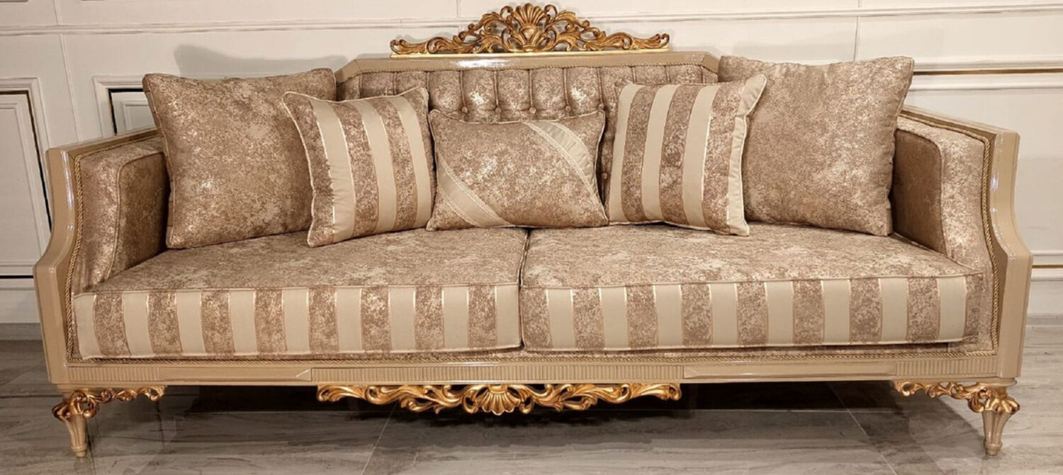 Casa Padrino Luxus Barock Sofa Gold / Beige / Gold - Prunkvolles Wohnzimmer Sofa mit Streifen - Barock Wohnzimmer & Hotel Möbel - Edel & Prunkvoll Bild 1