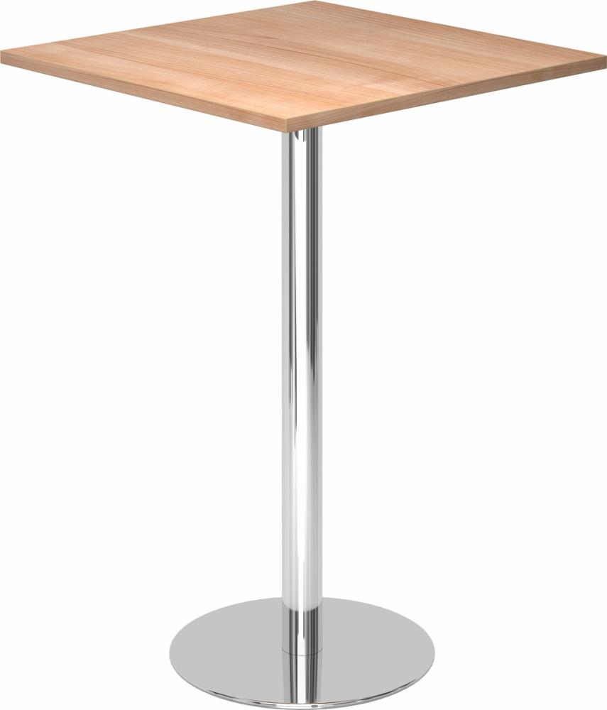 bümö Stehtisch Büro, Bistrotisch eckig 80 x 80 cm - Bartisch Nussbaum, Stehtisch Holz-Platte, Säule aus Metall verchromt, Buffettisch, Säulentisch, Partytisch, Thekentisch, Hochtisch, Barmöbel, STH88-N-C Bild 1