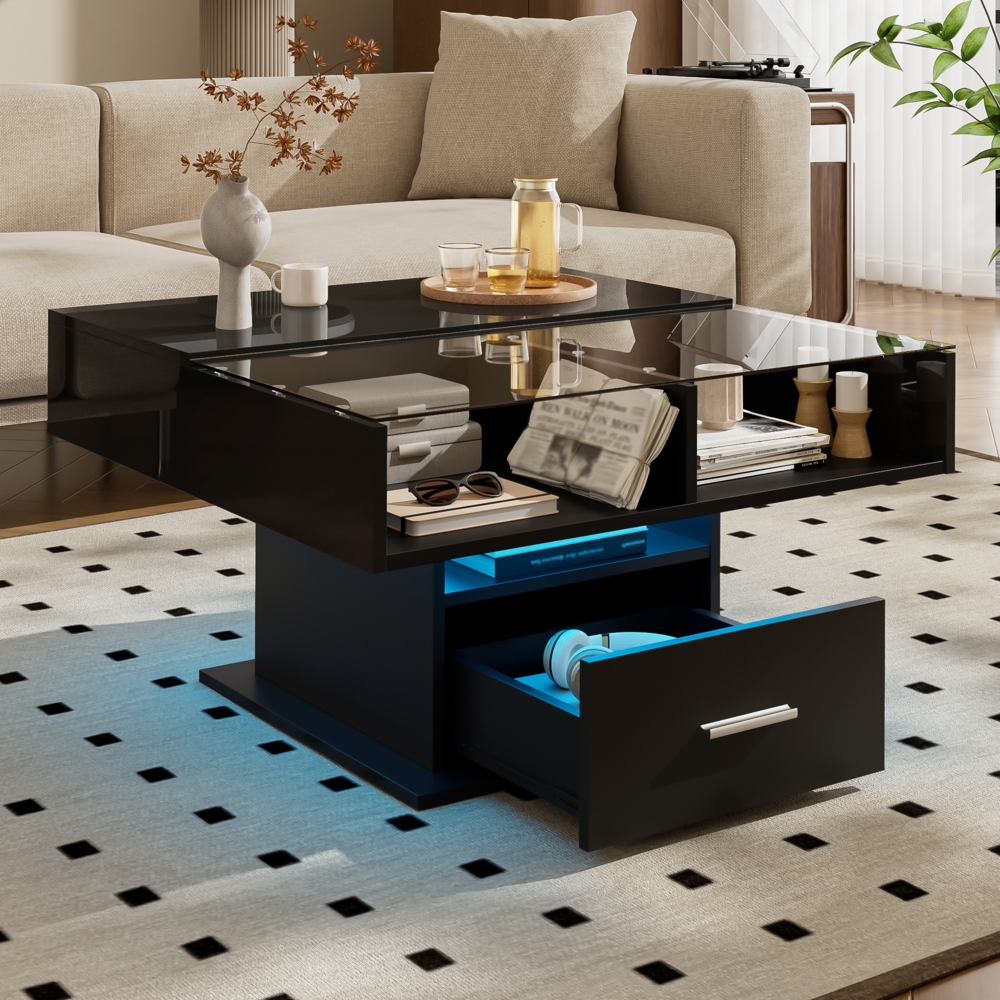 Multifunktionaler Hochglanz-Lift-Couchtisch mit LED-Beleuchtung,78×78×45.5/59.9 cm, Schwarz,modernes Design, viel Stauraum Bild 1