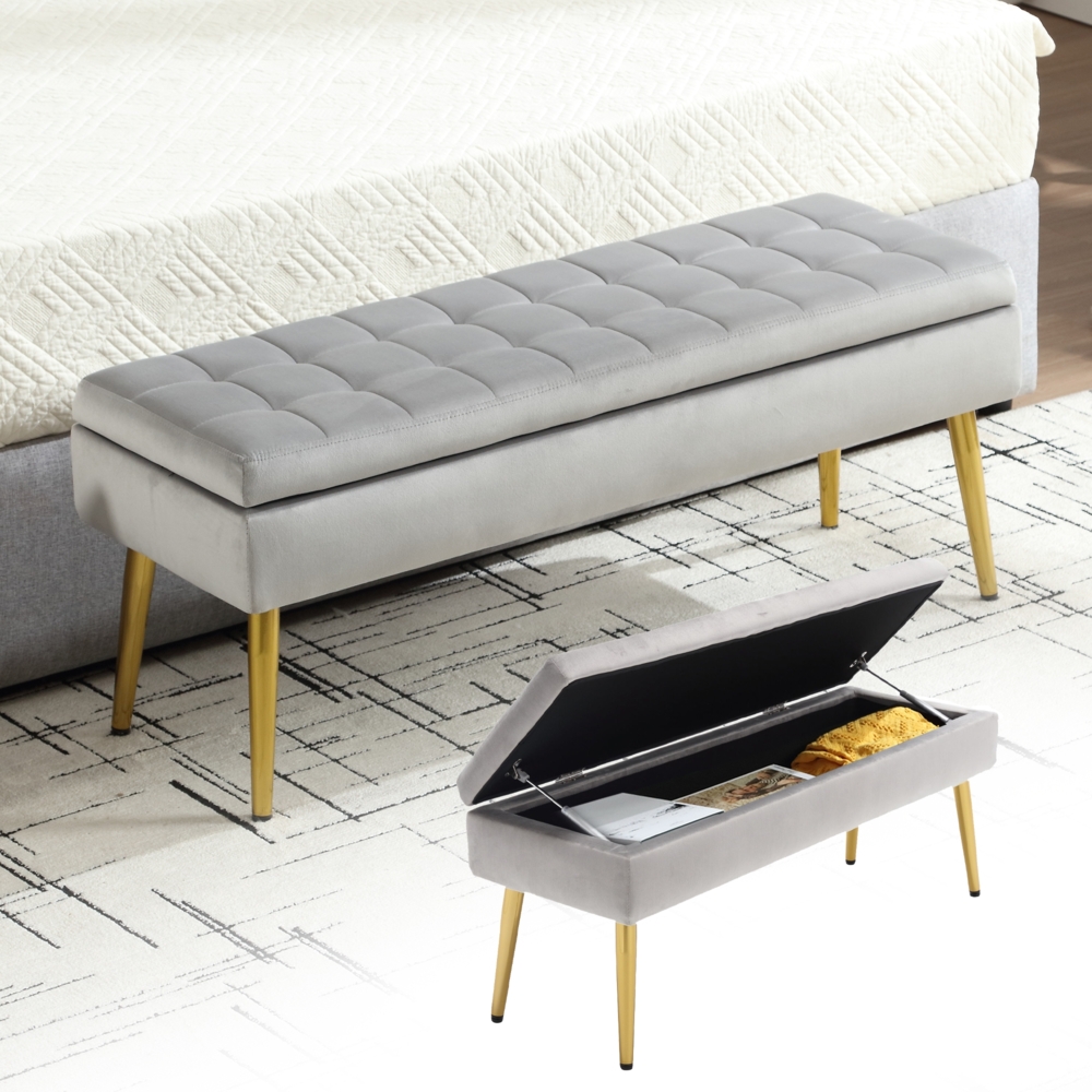 LVHOM Bettbank mit Stauraumfunktion, Schuhbank mit goldenen Metallbeine Samtstoff Sitzhocker, Sitztruhe Aufbewahrungsbox Bild 1