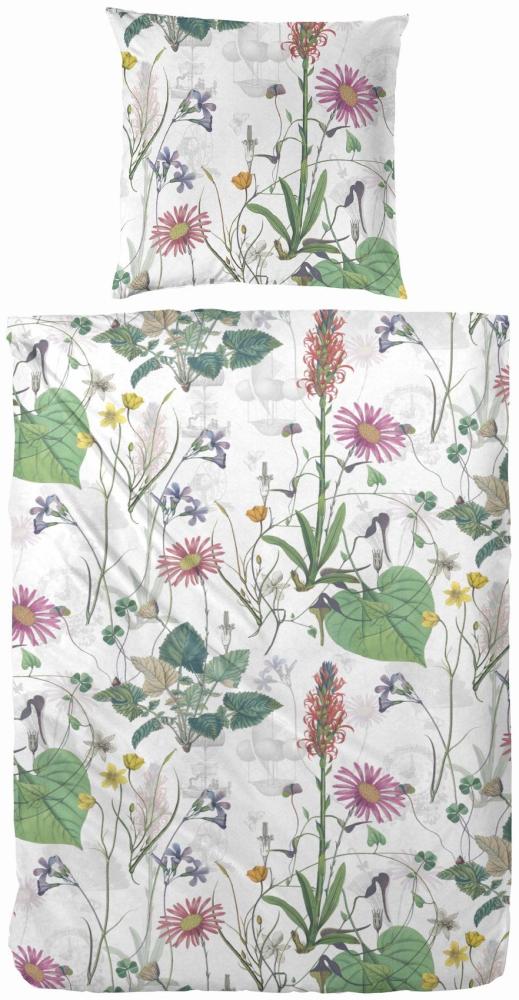 Primera Mako-Satin Bettwäsche 155x220 Blumen Blüten Wiese Blätter silber 243207-05 Bild 1