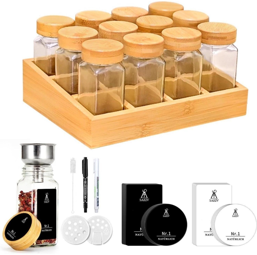 SAEIV Gewürzregal Holz Bambusfächern 12 Gläsern 120ml Organizer Bild 1