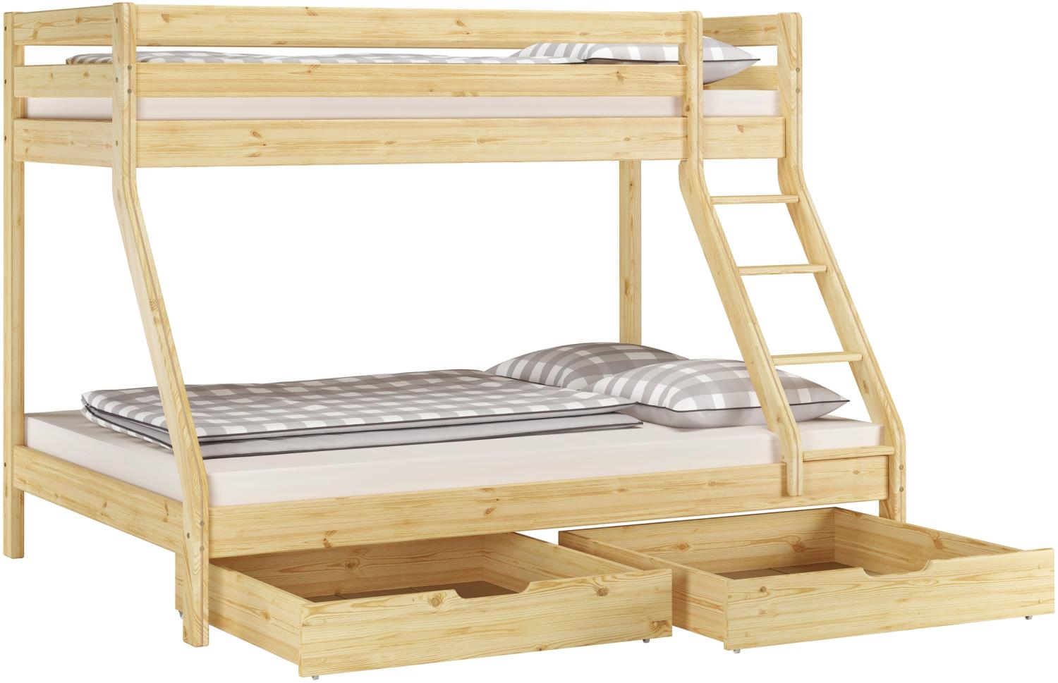 Doppel-Etagenbett 140x200 und 90x200 Erwachsenen-Stockbett Kiefer, Rollrost. Matratzen und Doppelbettkasten inkl. Bild 1