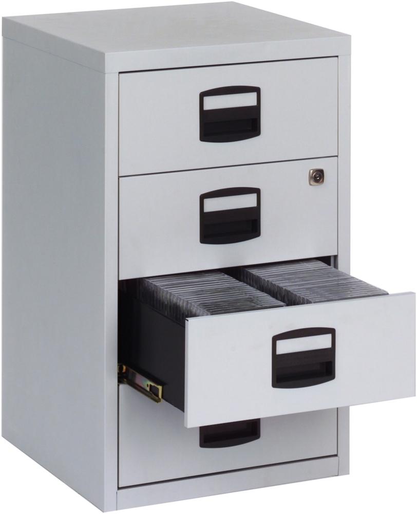 Bisley Home Beistellschrank mit Schloss aus Stahlblech, 4 Universal-Schubladen abschließbar - Büroschrank für DIN A4 Dokumente, Kleinteile & Büromaterial - Farbe: lichtgrau, PFA4S-645 Bild 1