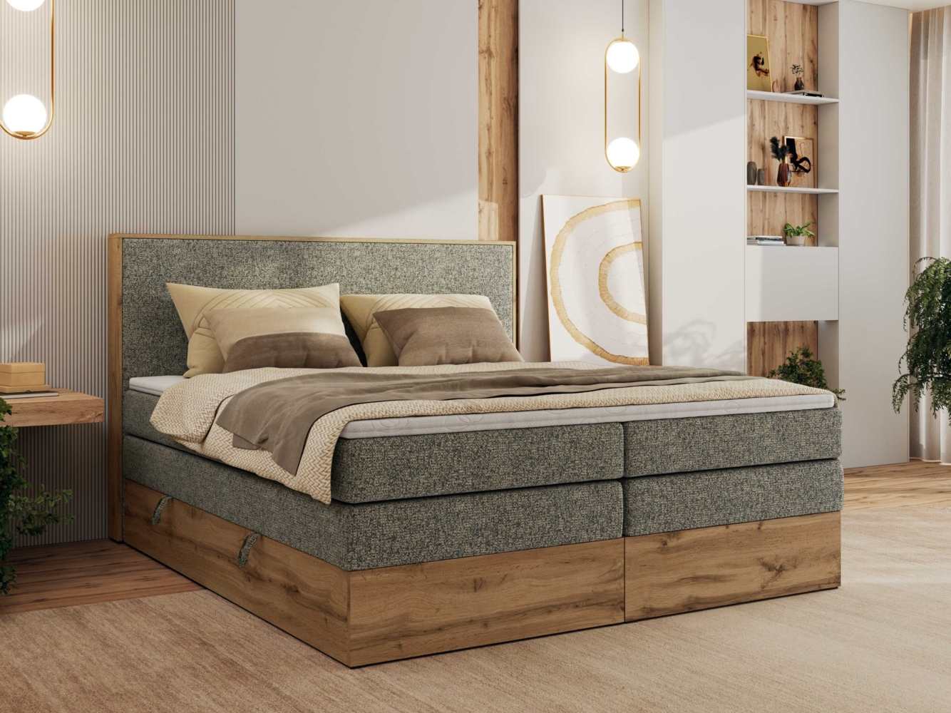 Boxspringbett, Set mit zwei Multipocket-Matratze und Topper, hohe Kopfteil, Eiche Wotan Holzrahmen - WOOD CLASSIC KING - 200 x 200 cm - Grau Struktur - H4 Bild 1
