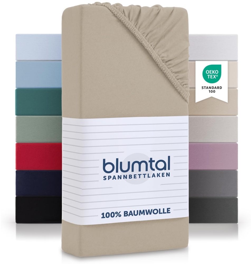 Blumtal® Baumwolle Spannbettlaken 120x200 cm Basics Jersey - Bettlaken 120x200 cm - Oeko-TEX zertifiziertes Spannbetttuch 120x200 cm - Matratzenbezug 120x200 cm - Bettbezug - Leintuch - Taupe Bild 1