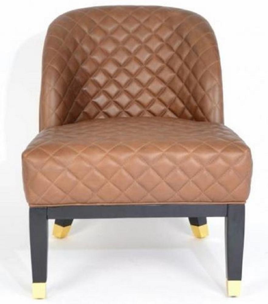 Casa Padrino Luxus Leder Sessel Braun / Schwarz / Gold 62 x 73 x H. 79 cm - Wohnzimmermöbel - Echtleder Möbel Bild 1