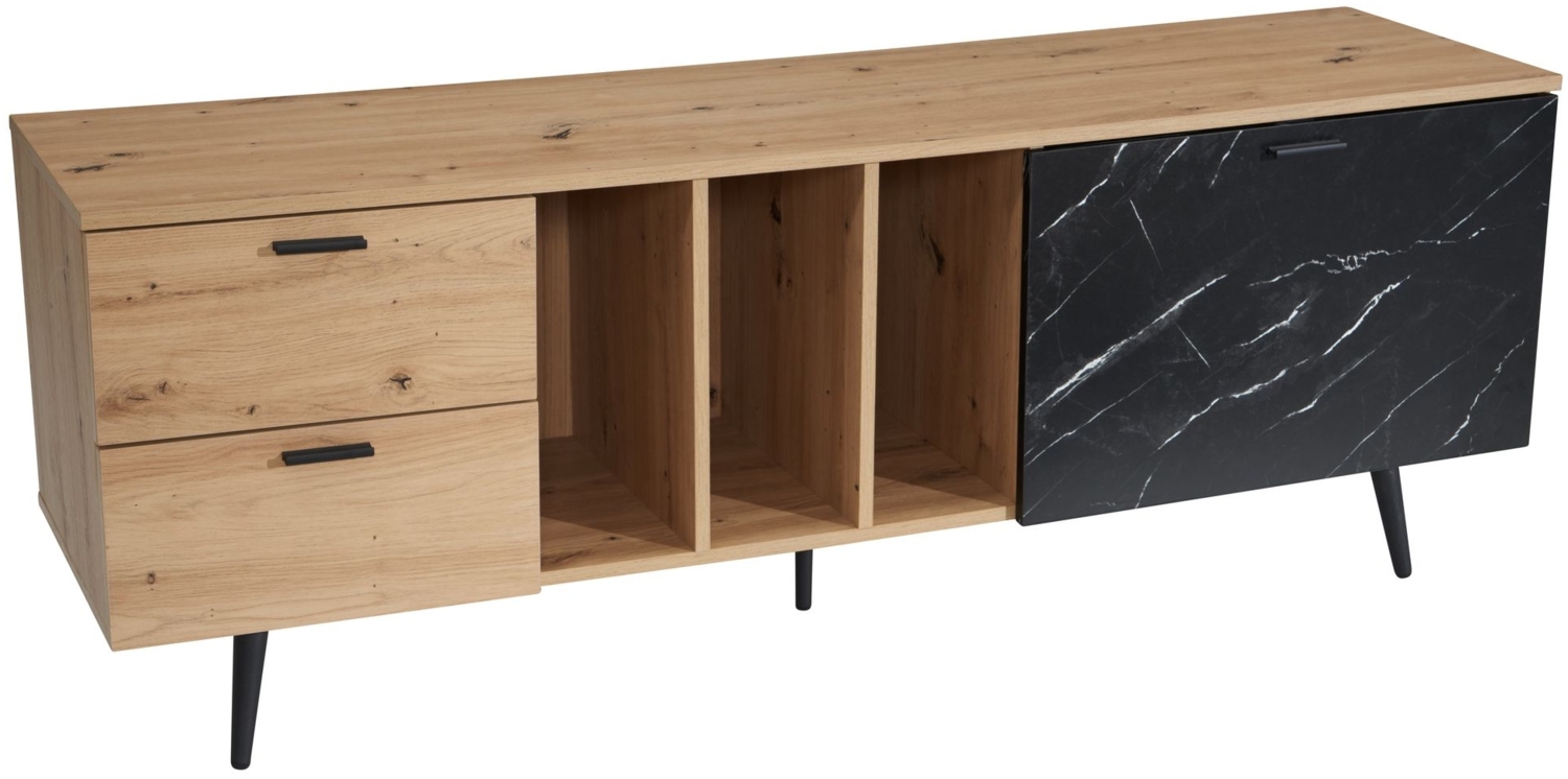 Lowboard Eiche-Dekor mit Marmor-Look in Schwarz 150 x 55 x 40 cm TV-Kommode, Design TV-Schrank Hoch Modern, Fernsehtisch Fernsehschrank mit Tür & Schubladen, Fernsehkommode Wohnzimmer Modern Bild 1